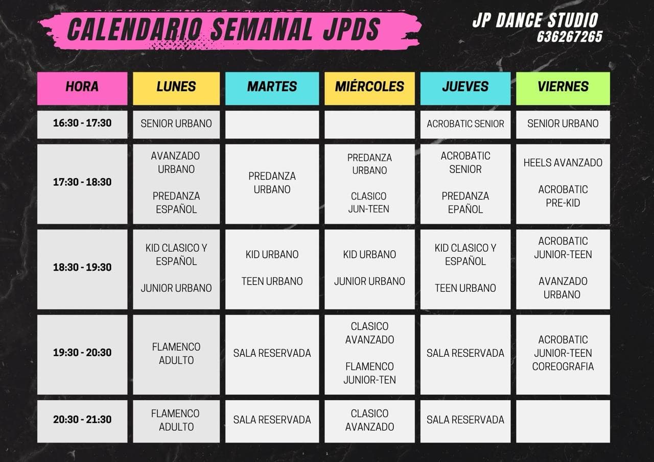 Calendario semanal de clases de JP Dance Studio — Calle Báscula 7, Aspe